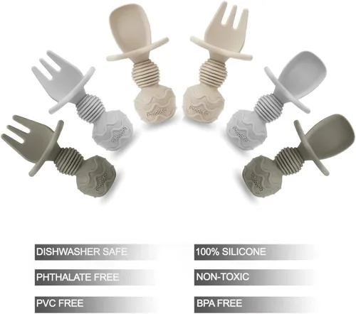 Miniatura 5 de PandaEar Juego de 6 cucharas y tenedor de silicona para bebés, antiahogo, primeros utensilios de autoalimentación para bebés a partir de 3 meses