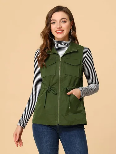 Miniatura 3 de Allegra K Chaleco de carga casual con cordón y cremallera para mujer