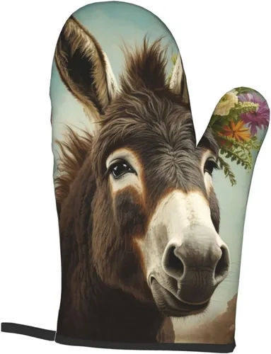 Miniatura 8 de Juego de 4 guantes de horno y soportes para ollas con estampado de animales burros, resistentes al calor, antideslizantes, guantes de horno