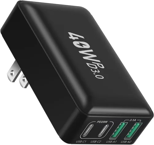 OKRAY - Bloque de carga USB C plano de 40 W, 4 puertos tipo C, enchufe de pared plegable de ladrillo de carga rápida, PD3.0 y QC3.0, adaptador de