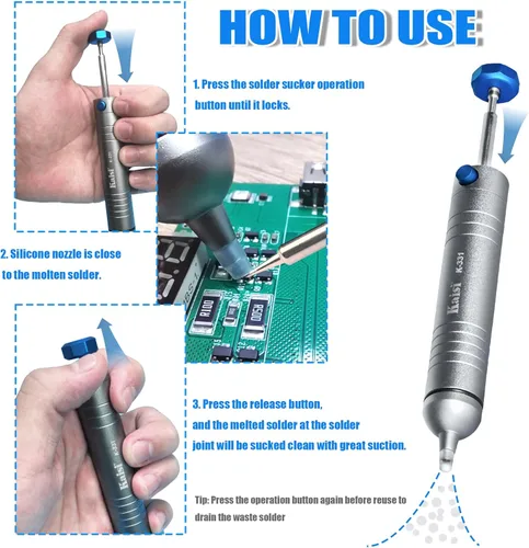 Miniatura 4 de Kaisi Extractor de Soldadura Bomba Desoldadora Sin Obstrucciones con Potente Succión al Vacío, Tubo de Silicona Resistente al Calor Reemplazable
