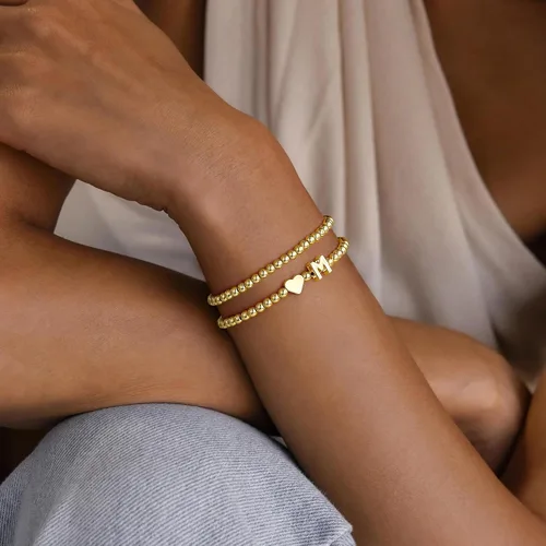 Miniatura 3 de Ursteel Pulsera de corazón con inicial para mujer, delicada, chapada en oro de 14 quilates, pulseras de cuentas para mujer, joyería de corazón