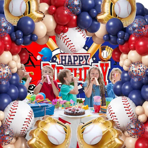 Miniatura 6 de Kit de Guirnalda de Arco de Globos de Béisbol, 166 Piezas Globos Azul Marino Rojo Nude y Confeti con Globos de Papel de Aluminio de Béisbol