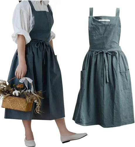Miniatura 8 de Delantal de cocina de algodón y lino para mujer con bolsillos, lindo para hornear, pintar, jardinería y limpieza