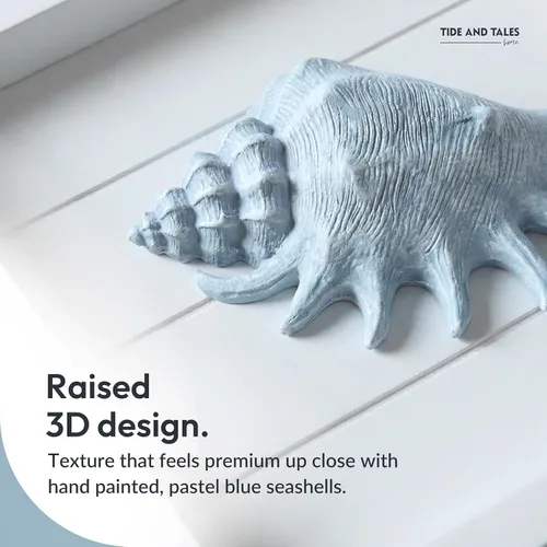Miniatura 4 de TideAndTales - Arte de pared 3D costero con diseño de conchas y estrellas de mar azules (juego de 3), decoración de pared de playa para baño