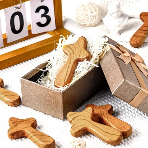 Miniatura 5 de WILLBOND Juego de 6 pequeños regalos de bautismo cruzados de mano de 4.1 pulgadas, decoración de cruz de pared con bolsa de terciopelo, crucifijo