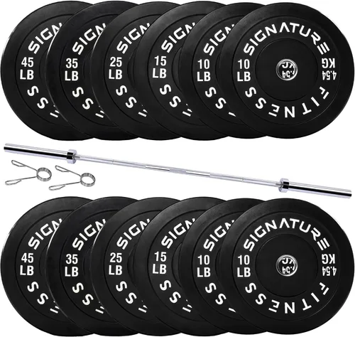 Miniatura 10 de Fitvids Juego de discos de peso olímpicos de goma de 2 pulgadas, juego de discos de parachoques con barra para entrenamiento de fuerza, 180-390