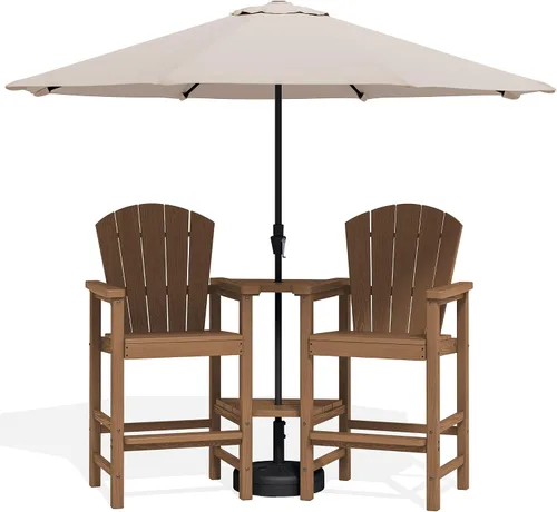 SERWALL Juego de 2 sillas altas Adirondack con paraguas de 9 pies, sillas de exterior de altura de barra de HDPE, taburetes de bar Adirondack
