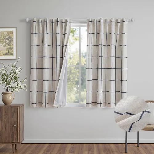 Miniatura 9 de MYSKY HOME Cortinas de Lino a Cuadros 100% Opacas de 45 Pulgadas de Largo de Doble Capa Estilo Granja con Aislamiento Térmico Estampado a Cuadros
