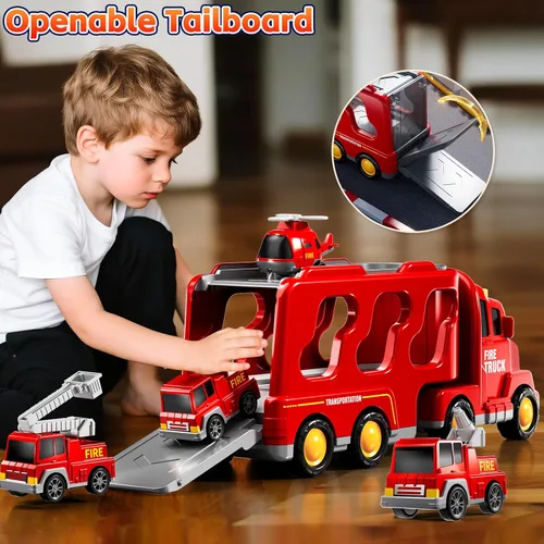 Miniatura 2 de Camiones de Bomberos de Juguete para Niños Pequeños de 1-3, 3-5, Conjunto de Vehículos Transportadores de Carros de Bomberos 5 en 1 para Niñas de 1