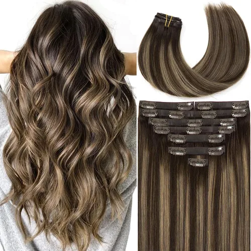 Miniatura 43 de Lacer Hair Glam - Extensiones de cabello humano con clip, sin costuras, color negro hueso, 4.33 oz, 7 unidades, 20 pulgadas, con clip de trama