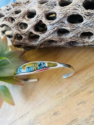 Miniatura 3 de Navajo - Pulsera de plata de ley y luna azul natural con incrustaciones de turquesa, Metal, turquesa