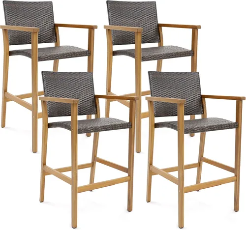 Tangkula Juego de 4 taburetes de bar de ratán para patio, sillas de bar de mimbre de polietileno para exteriores con reposabrazos, taburetes de bar