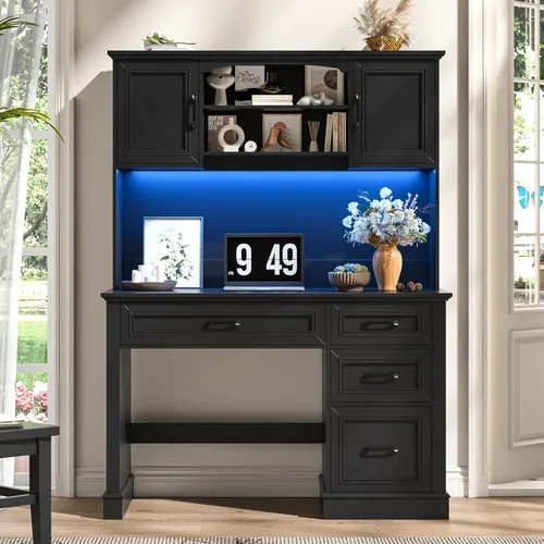 Miniatura 14 de Escritorio ejecutivo de granja de 67 pulgadas de alto con gabinete, mesa de oficina con luz LED y 4 cajones, escritorio para computadora