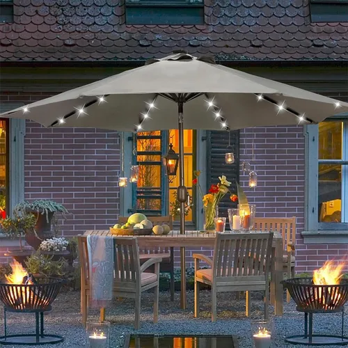 Miniatura 7 de Blissun - Sombrilla solar de 9 pies, 32 luces LED, parasol de mesa para patio, jardín, cubierta, piscina y playa (gris)