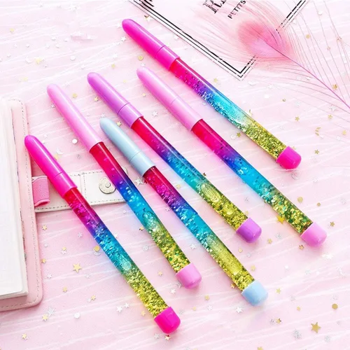 Miniatura 2 de queenland Paquete de 4 bolígrafos de tinta de gel de arena líquida arcoíris con brillantina, bolígrafos de cristal, bolígrafos de punta redonda