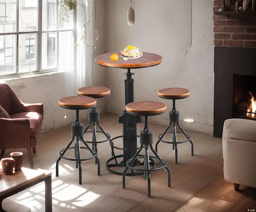 Miniatura 9 de Taburete de bar industrial vintage con altura ajustable, taburete de cocina estilo francés de granja, silla giratoria, madera maciza Chiar, fácil