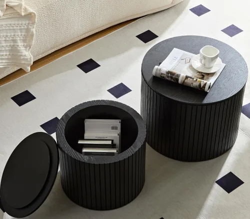 Miniatura 19 de Juego de 2 mesas auxiliares anidables para sala de estar, juego de mesa auxiliar redonda moderno, mesa auxiliar circular de madera y muebles Negro