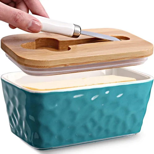 Mantequillera con tapa: plato grande para mantequilla para encimera, recipiente de mantequilla de cerámica con cuchillo doble sello de silicona,
