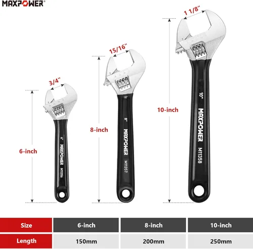 Miniatura 2 de MAXPOWER Juego de Llaves Ajustables, 3 Piezas Llaves Ajustables de 6 pulgadas, 8 pulgadas, 10 pulgadas, Escalas Métricas y SAE, Mandíbula Extra