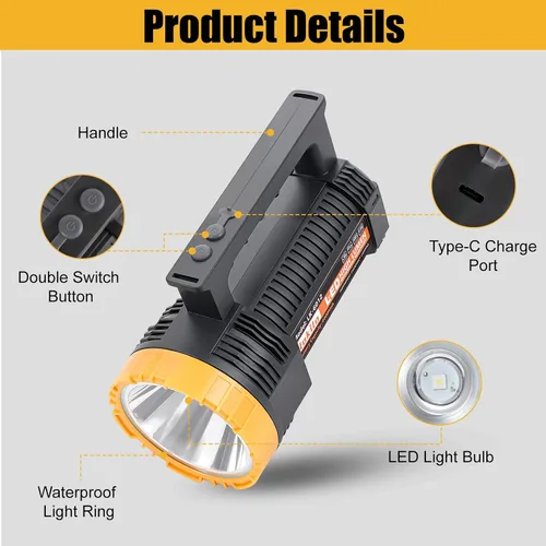Miniatura 6 de Linterna LED recargable con pantalla de alimentación, 4 modos de luz, antorcha de mano de alto lúmenes, doble interruptor, linterna portátil