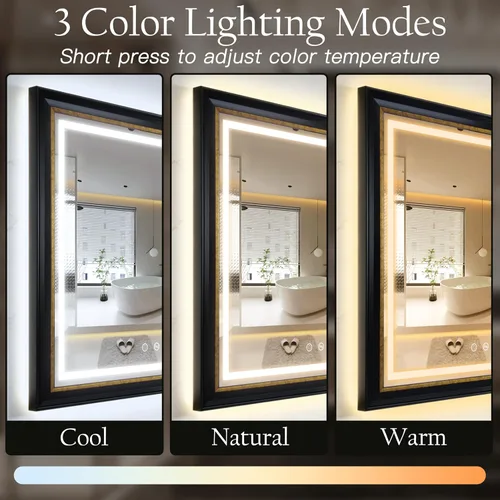 Miniatura 4 de ROLOVE Espejo antiguo negro y dorado de 23 x 33 pulgadas para pared, espejos vintage iluminados para baño con antivaho, marco impermeable, vidrio