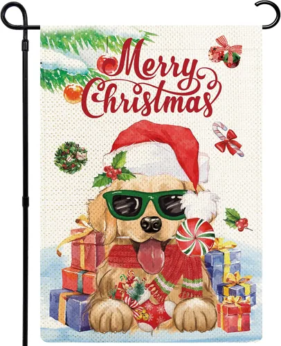 Golden Retriever - Bandera de jardín con texto en inglés "Merry Christmas", de arpillera, de 12 x 18 pulgadas, doble cara para patio, porche,