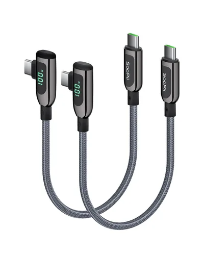 Miniatura 9 de SOOPII 100W Cable USB C a USB C de Ángulo Recto, Cable de Aleación de Zinc de 1 Pie de Tipo-C Trenzado de Nylon con Pantalla LED para iPad