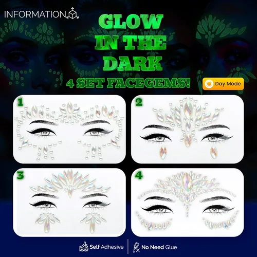 Miniatura 29 de 32 piezas de gemas faciales (diseños aleatorios) autoadhesivas con purpurina para tatuaje, gemas para festivales, fiestas rave, maquillaje corporal