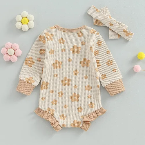 Miniatura 14 de Ropa de bebé recién nacida, sudadera floral de manga larga, mameluco con volantes, diadema de gofre, traje de otoño de una pieza