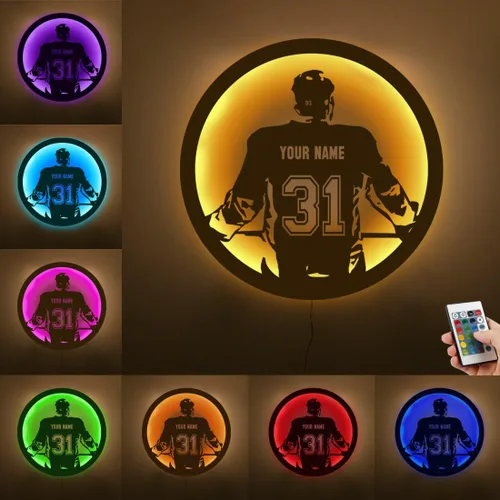 Letrero de metal personalizado para jugador de hockey con luz LED, nombre personalizado y número, arte de pared de hockey, letrero de neón con
