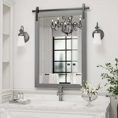 Miniatura 3 de Clavie Espejo de pared rústico con marco de madera horizontal, espejo de baño con marco de madera, espejo decorativo estilo puerta de granero, 22 x