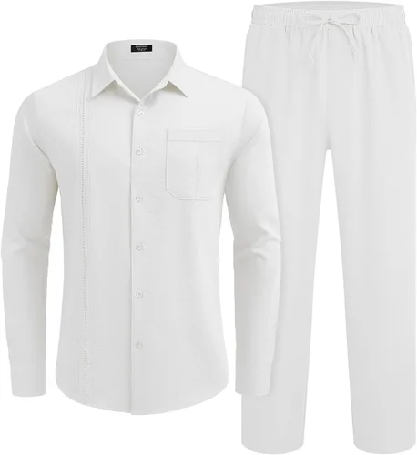 Miniatura 4 de COOFANDY Conjunto de 2 piezas de lino para hombre, camisa cubana con botones y pantalones sueltos de manga larga y pantalones sueltos
