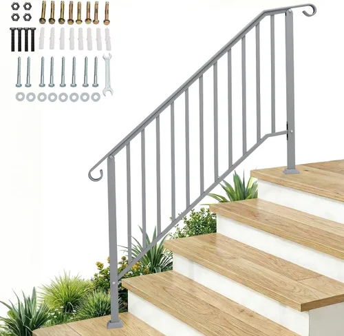 Miniatura 15 de Outvita Pasamanos para escalones al aire libre, pasamanos de hierro forjado para 2 o 3 escalones, pasamanos de transición con kit de instalación