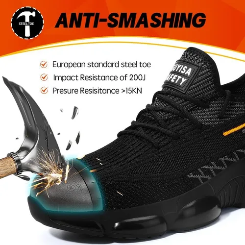 Miniatura 2 de BAIYIJIA Zapatos de punta de acero para hombre, zapatos de trabajo antideslizantes para construcción con amortiguación de aire, zapatos