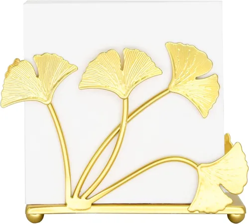 Owlgift Servilletero moderno de hoja de ginkgo dorado pintado – Servilletero de papel decorativo de hierro de primera calidad de 6.7 pulgadas –