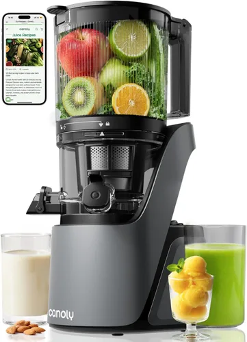 Canoly Exprimidor C16 de prensa en frío, canal de alimentación extra ancho de 6 pulgadas, coladores 3 en 1 (jugo y sorbete y leche de nueces), Gris