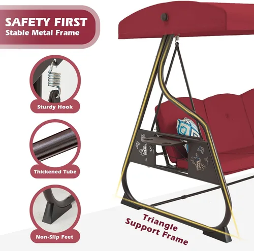 Miniatura 3 de ZZW - Columpio de porche para patio con 3 asientos, 800LBS, columpio al aire libre con soporte, toldo y respaldo ajustable, silla columpio