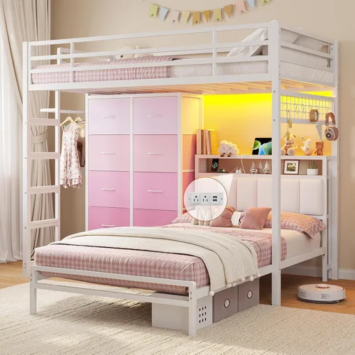 Miniatura 10 de DICTAC Litera individual sobre tamaño matrimonial con 4 cajones de almacenamiento y estantería abierta de 3 niveles de metal con luces LED, estación