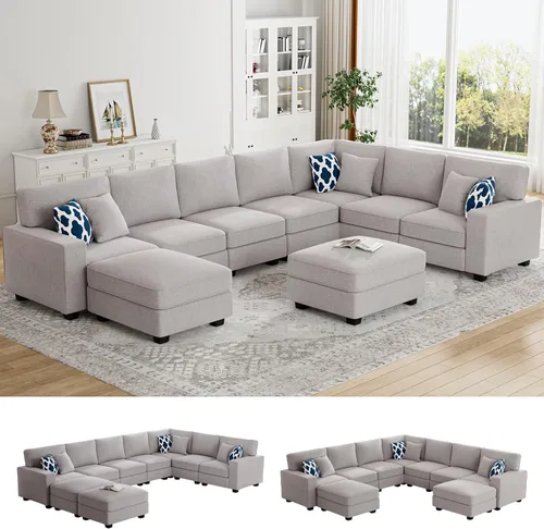 Legend Vansen - Sofá modular seccional en forma de U con otomano, sofá reversible moderno de esquina para sala de estar (Gris claro, Sofá en forma