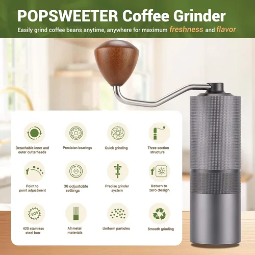 Miniatura 7 de Popsweet C38 - Molinillo de café manual con rebabas exteriores cónicas de acero inoxidable desmontables, molienda de granos de café de 400 libras