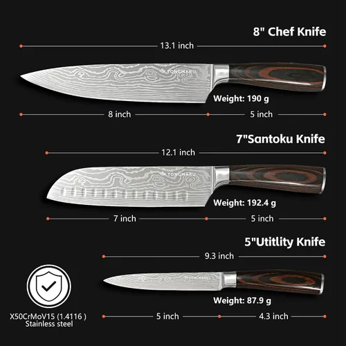 Miniatura 8 de Juego de cuchillos de chef de cocina profesional, Razor Sharp de acero alemán de alto carbono, 3 piezas, mango ergonómico de madera de Pakkawood