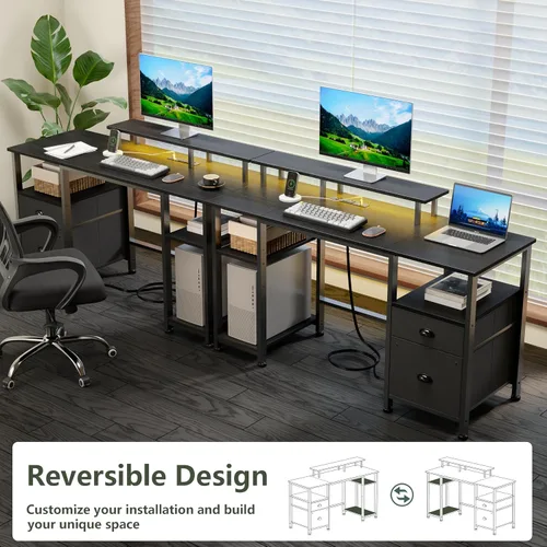 Miniatura 7 de Furologee Escritorio para juegos de 51 pulgadas con tomas de corriente y luces LED, escritorio reversible para computadora con archivador y soporte