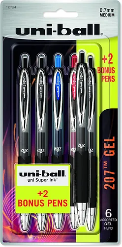 Uniball Signo 207 - Bolígrafo de gel, paquete de 6 bolígrafos surtidos de 0.028 in, bolígrafos de tinta de gel, suministros de oficina vendidos por