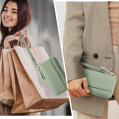 Miniatura 7 de Travelambo Cartera con borla plegable para mujer, bolso de mano con correa para la muñeca, bolso largo