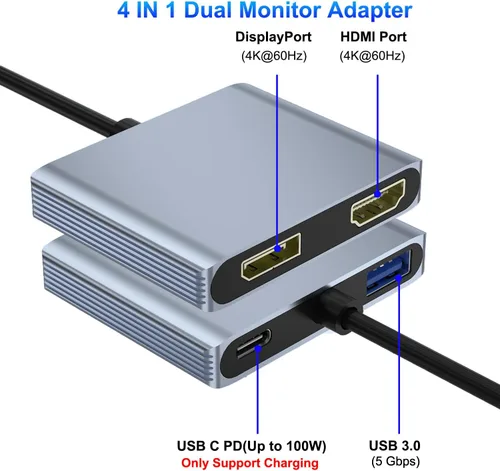 Miniatura 8 de Adaptador divisor USB C a HDMI y DisplayPort 4K a 60Hz, adaptador de monitor dual para pantalla extendida con HDMI/DisplayPort/USB3.0/100W PD carga
