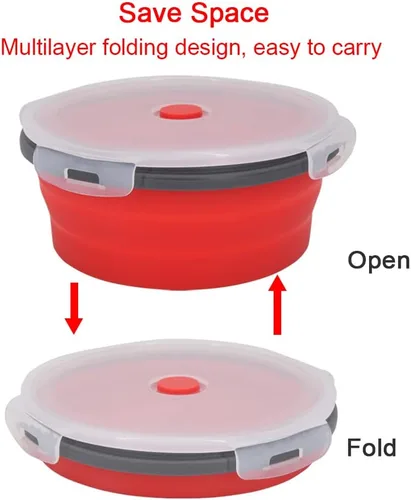 Miniatura 8 de Guyuyii Paquete de 4 Cuencos Plegables de Silicona con Tapas - Recipientes Redondos Anidables de Almacenamiento de Alimentos para Camping, RV y Rojo