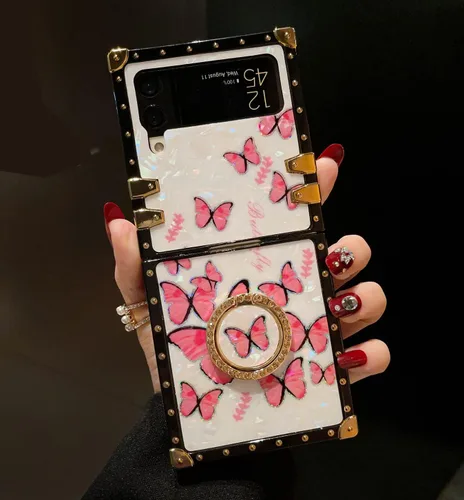 Miniatura 19 de Funda de mariposa con soporte de anillo para Galaxy Z Flip 3 para mujeres y niñas, diseño de caja cuadrada de lujo, diseño de mármol brillante