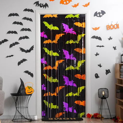 Miniatura 8 de Mega-L - Decoraciones de fiesta de Halloween, paquete de 2 unidades, verde, naranja, morado, patrón de murciélago, accesorios para cabina de fotos