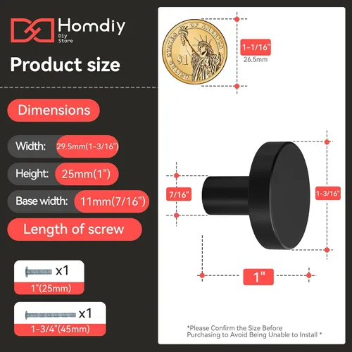 Miniatura 2 de homdiy Paquete de 5 pomos negros para gabinetes, manijas redondas para cajones de cocina, pomos de metal negro mate para armarios, cajones